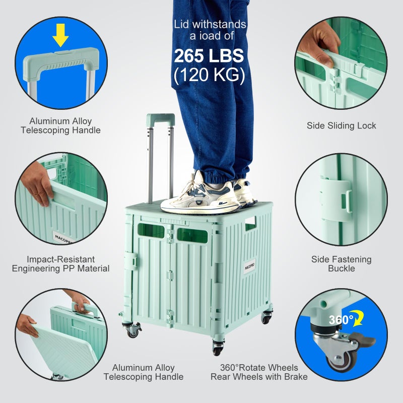 MACOPRO Folding Utility Cart Portable Rolling Crate Handcart Shopping Trolley Collapsible Tool Box, with Lid, Basket on 4 Rotate Wheels, for Grocery, Office, Teacher, Travel Shop Move Luggage (Green) - Image 3
