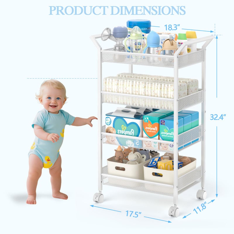 3IngSeagulls Baby Diaper Caddy Cart, 4-Tier Diaper Caddy Organizer and Storage, Rolling Utility Cart for Baby Supplies, Diaper Cart with Wheels for Bedroom, Nursery, Changing Table, White - Image 2