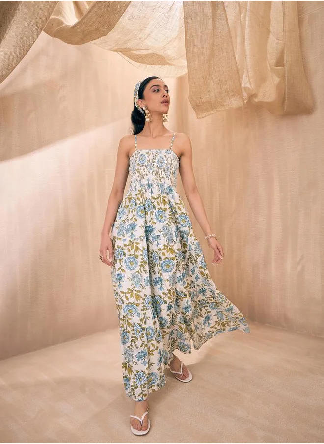 ساسافراس Floral Print  Smocked Tiered Maxi Dress by Styli