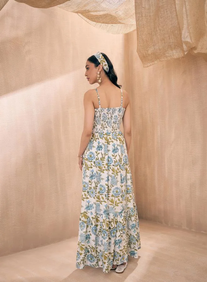 SASSAFRAS Floral Print  Smocked Tiered Maxi Dress by Styli
