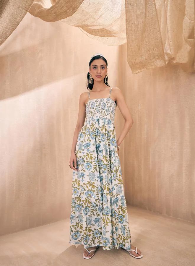 SASSAFRAS Floral Print  Smocked Tiered Maxi Dress by Styli