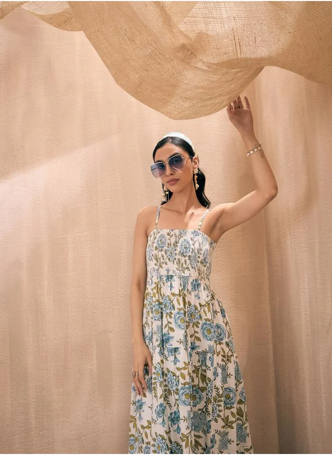 ساسافراس Floral Print  Smocked Tiered Maxi Dress by Styli