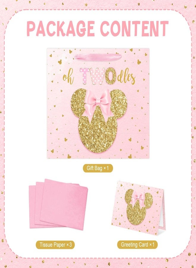 Reyoust 13" Large Oh Twodles Birthday Gift Bag with Tissue Paper and Greeting Card Glitter Pink Gold Wrapping Paper Bags Cartoon Mouse Happy 2nd Birthday Party Favor Bags for Girls 13"L x 10.2"H x 4.9"W - Image 3