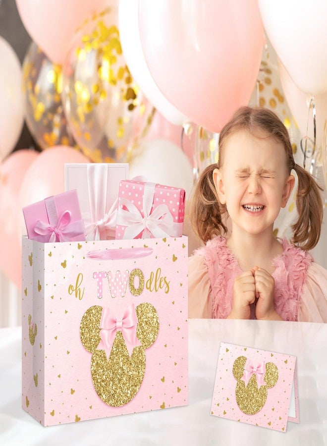 Reyoust 13" Large Oh Twodles Birthday Gift Bag with Tissue Paper and Greeting Card Glitter Pink Gold Wrapping Paper Bags Cartoon Mouse Happy 2nd Birthday Party Favor Bags for Girls 13"L x 10.2"H x 4.9"W - Image 5