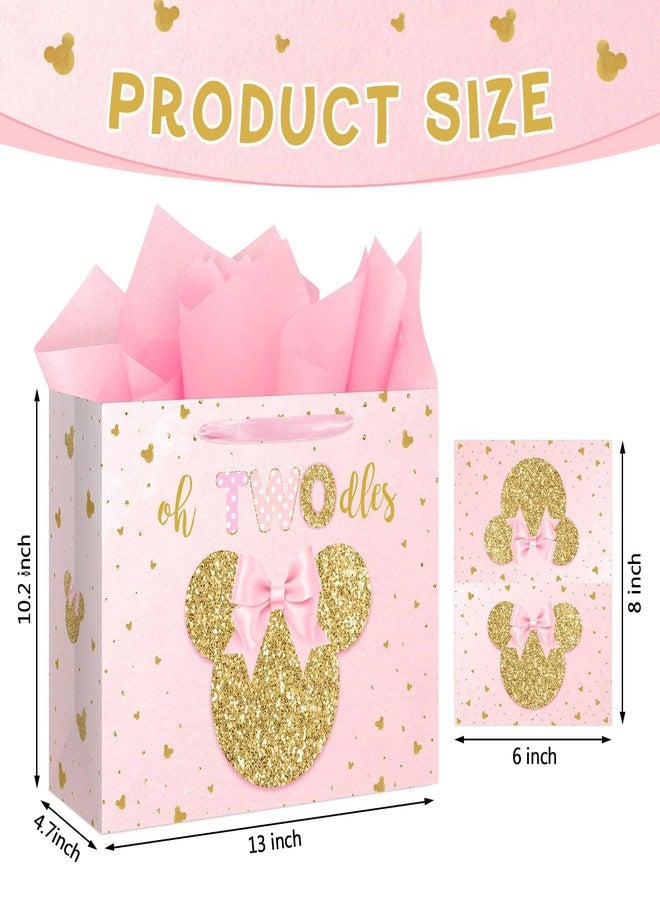 Reyoust 13" Large Oh Twodles Birthday Gift Bag with Tissue Paper and Greeting Card Glitter Pink Gold Wrapping Paper Bags Cartoon Mouse Happy 2nd Birthday Party Favor Bags for Girls 13"L x 10.2"H x 4.9"W - Image 2
