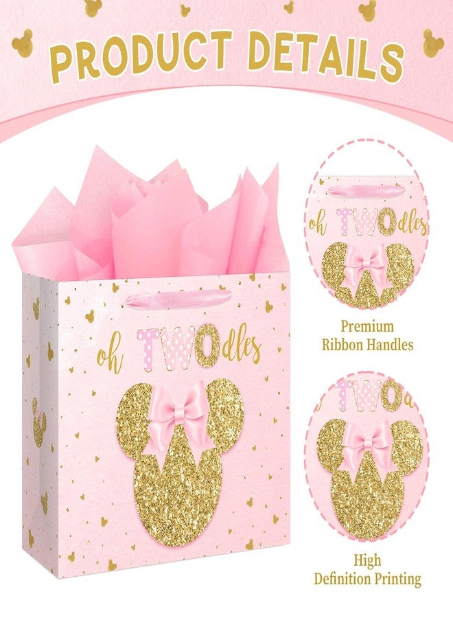 Reyoust 13" Large Oh Twodles Birthday Gift Bag with Tissue Paper and Greeting Card Glitter Pink Gold Wrapping Paper Bags Cartoon Mouse Happy 2nd Birthday Party Favor Bags for Girls 13"L x 10.2"H x 4.9"W - Image 4