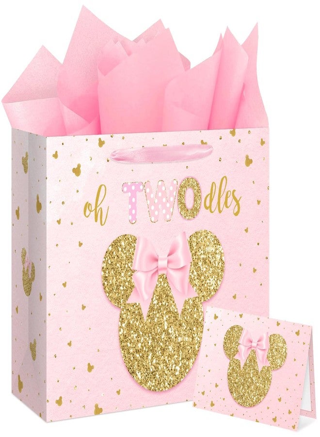 Reyoust 13" Large Oh Twodles Birthday Gift Bag with Tissue Paper and Greeting Card Glitter Pink Gold Wrapping Paper Bags Cartoon Mouse Happy 2nd Birthday Party Favor Bags for Girls 13"L x 10.2"H x 4.9"W - Image 1