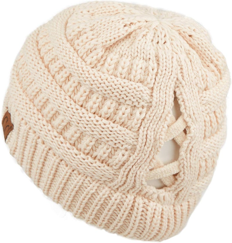 Cc Exclusives Soft Stretch Cable Knit Messy Bun Ponytail Beanie Winter Hat for Women (MB-20A) - Image 2