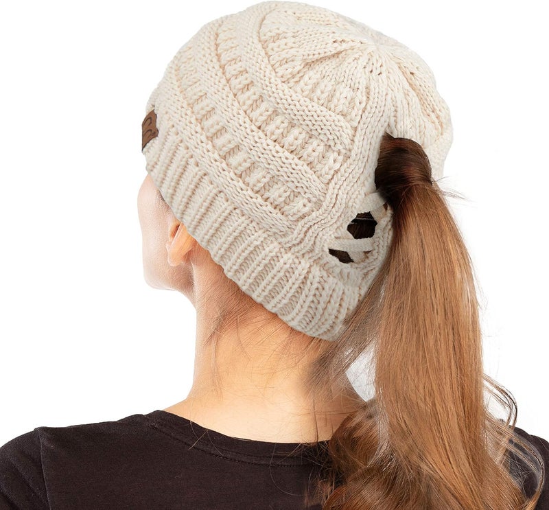 Cc Exclusives Soft Stretch Cable Knit Messy Bun Ponytail Beanie Winter Hat for Women (MB-20A) - Image 1
