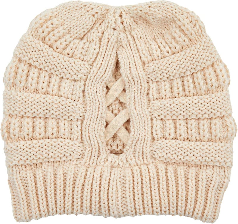 Cc Exclusives Soft Stretch Cable Knit Messy Bun Ponytail Beanie Winter Hat for Women (MB-20A) - Image 4