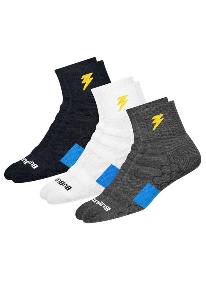 بليتزوكس جوارب BLITZSOX عالية الأداء رياضية بطول الكاحل للرجال والنساء (التنس، كرة الريشة، الجري، صالة الألعاب الرياضية)، حزمة من 3 (مقاس المملكة المتحدة 7-11، رمادي، أزرق مخضر، أسود) - Image 1