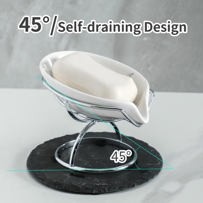 Dobbyby Leaf-Shaped Soap Dish â€“ Premium Ceramic Soap Bar Holder with Self-Drainage System â€“ Bar Soap Holder for Shower, Bathroom Sink, Kitchen â€“ Waterfall Soap Dish with Stainless Steel Stand (SLIVER) - Image 2