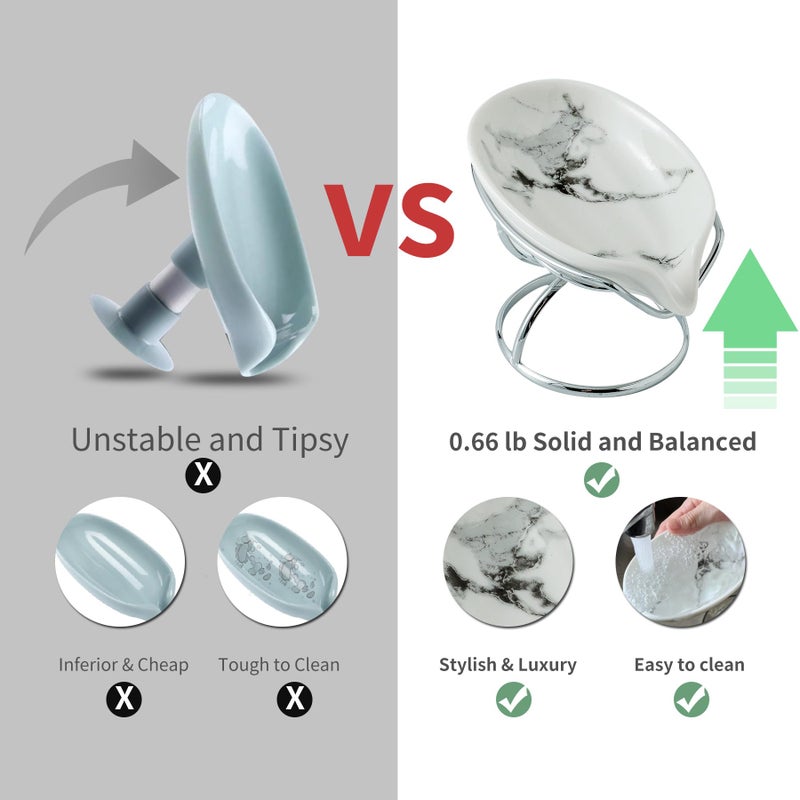 Dobbyby Leaf-Shaped Soap Dish â€“ Premium Ceramic Soap Bar Holder with Self-Drainage System â€“ Bar Soap Holder for Shower, Bathroom Sink, Kitchen â€“ Waterfall Soap Dish with Stainless Steel Stand (SLIVER) - Image 3