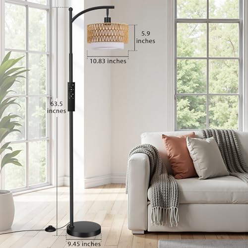 Ambimall Arc Floor Lamp for Living Room with Remote, Boho Standing Lamp with Rattan & Linen Shades, Color Temperature & Dimmable Bulb, Farmhouse Tall lamp for Bedroom, Office(Black) - Image 5