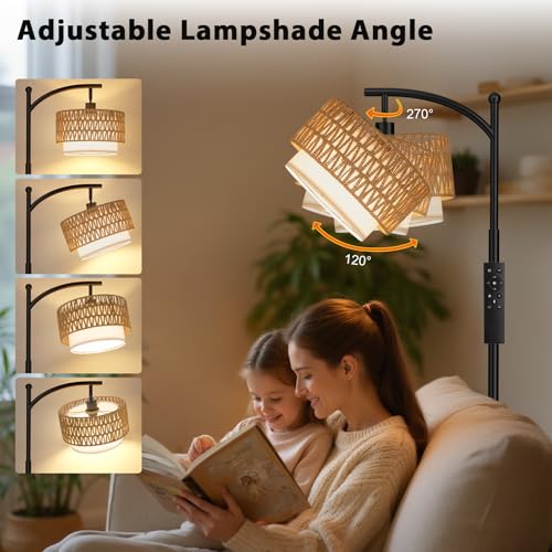 Ambimall Arc Floor Lamp for Living Room with Remote, Boho Standing Lamp with Rattan & Linen Shades, Color Temperature & Dimmable Bulb, Farmhouse Tall lamp for Bedroom, Office(Black) - Image 3