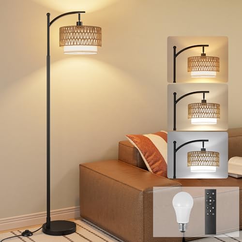Ambimall Arc Floor Lamp for Living Room with Remote, Boho Standing Lamp with Rattan & Linen Shades, Color Temperature & Dimmable Bulb, Farmhouse Tall lamp for Bedroom, Office(Black) - Image 1