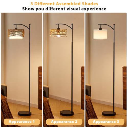 Ambimall Arc Floor Lamp for Living Room with Remote, Boho Standing Lamp with Rattan & Linen Shades, Color Temperature & Dimmable Bulb, Farmhouse Tall lamp for Bedroom, Office(Black) - Image 2