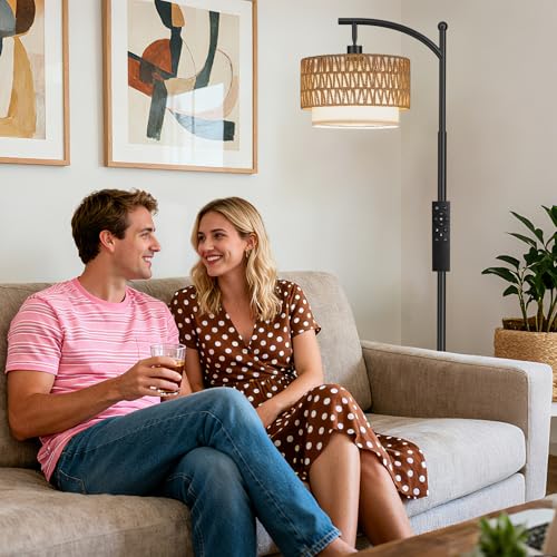 Ambimall Arc Floor Lamp for Living Room with Remote, Boho Standing Lamp with Rattan & Linen Shades, Color Temperature & Dimmable Bulb, Farmhouse Tall lamp for Bedroom, Office(Black) - Image 4