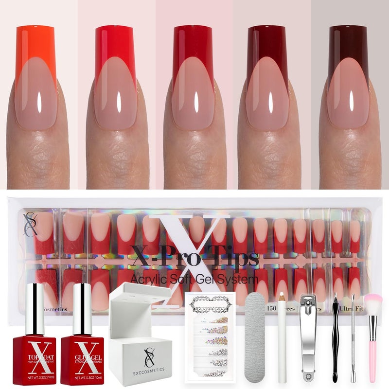 SXC Cosmetics French Tip Press On Nails â€“ Red Series, Medium Square, X-Pro Tips Starter Kit | 150PCS, 15 Sizes, 5 Styles, Beginner-Friendly - Image 1