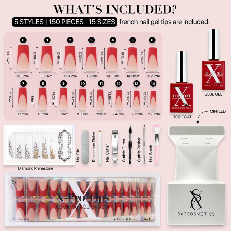 SXC Cosmetics French Tip Press On Nails â€“ Red Series, Medium Square, X-Pro Tips Starter Kit | 150PCS, 15 Sizes, 5 Styles, Beginner-Friendly - Image 4