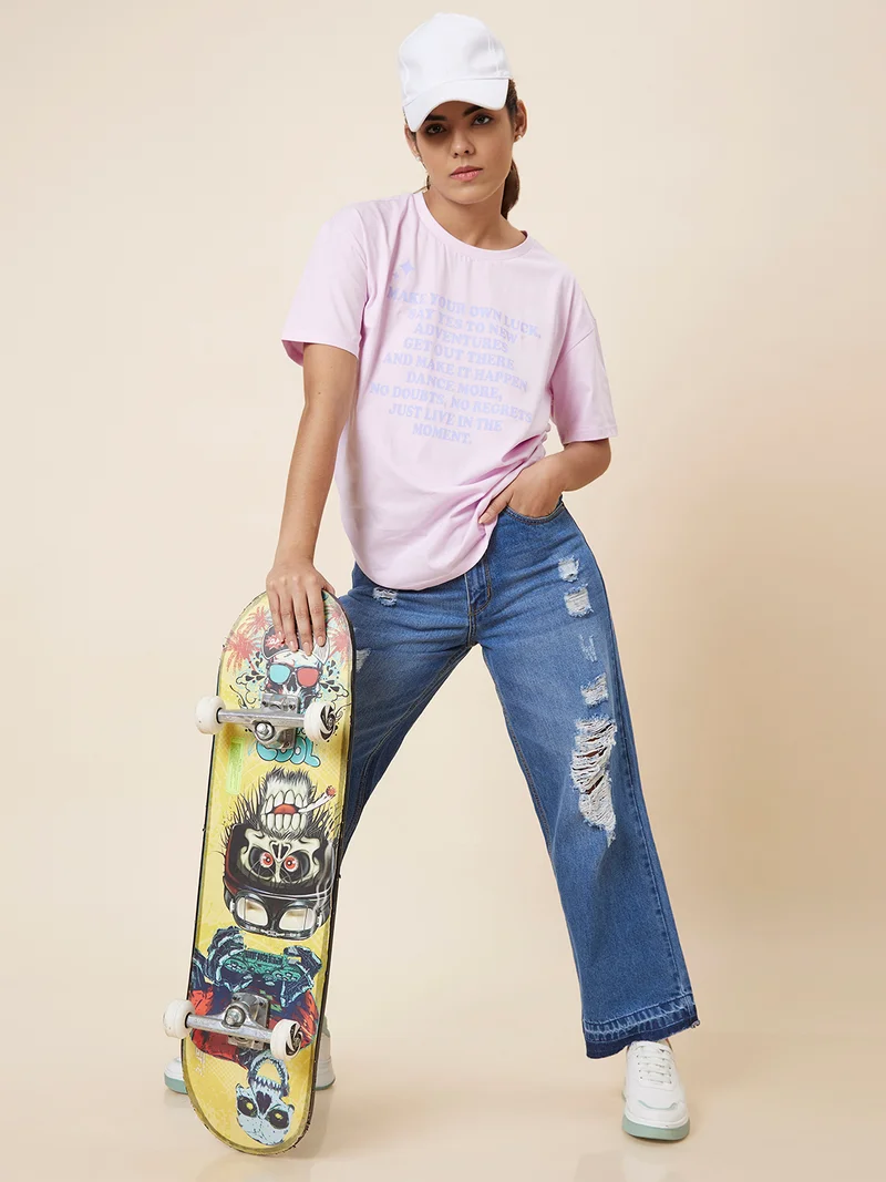 Women Pink Typography Printed Drop-Shoulder Pure Cotton T-Shirt