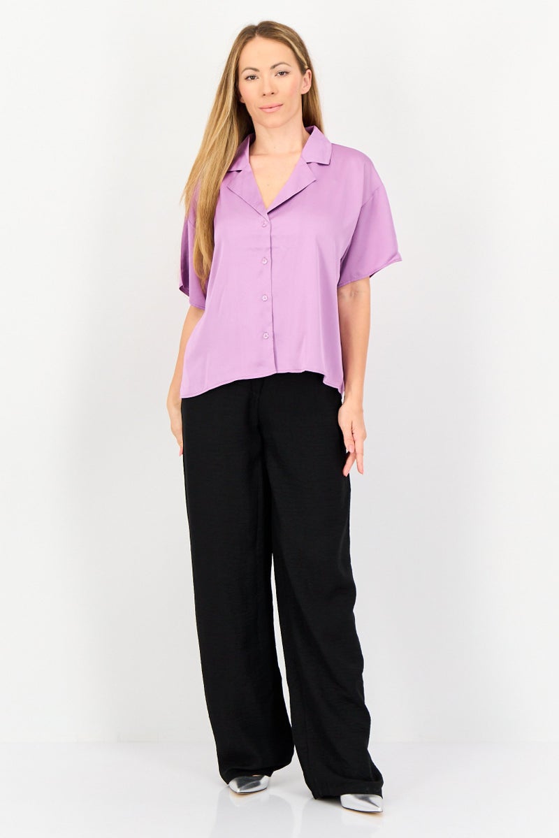 FOREVER 21 قميص نسائي بأكمام قصيرة وياقة مشقوقة، بنفسجي - Image 4