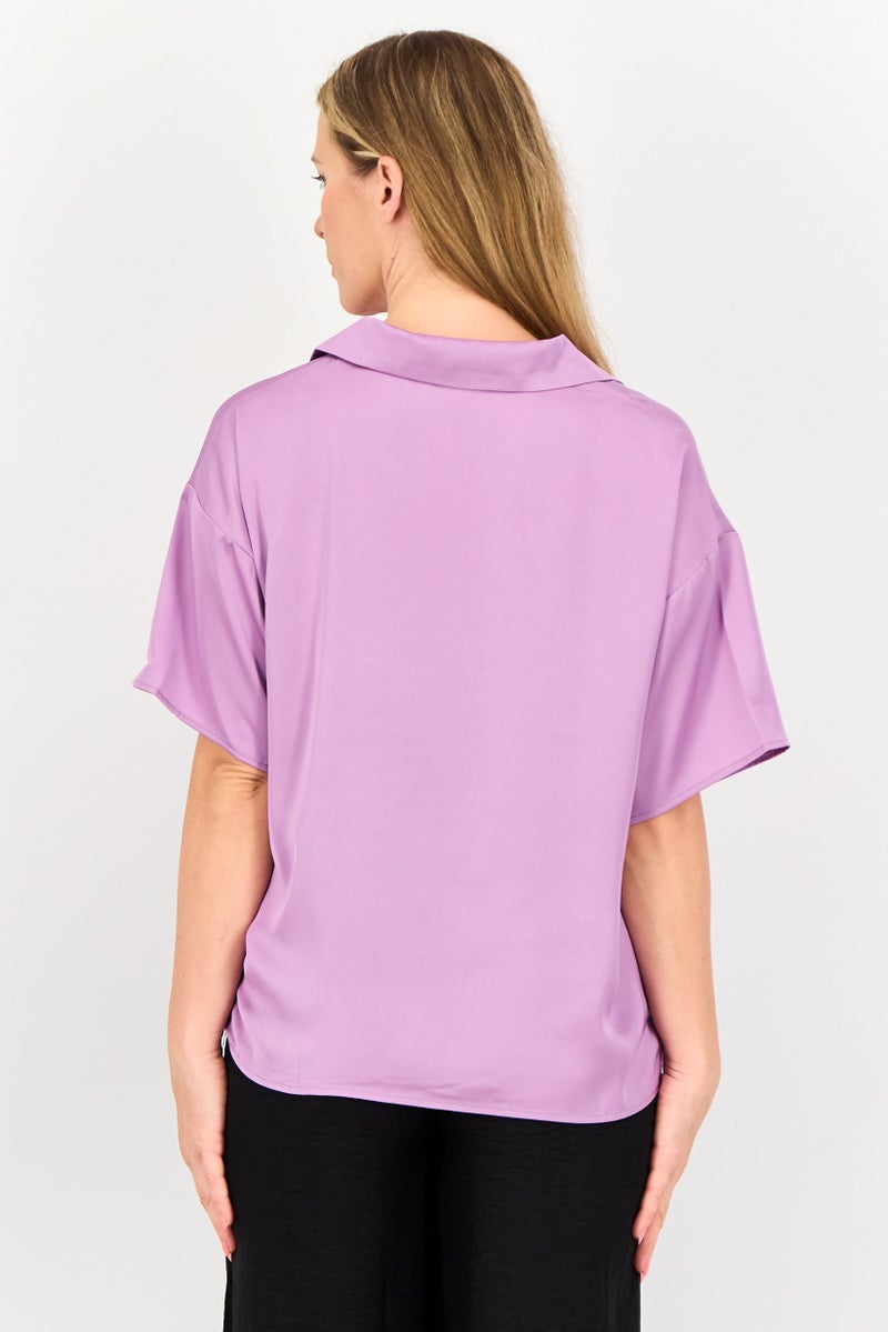 FOREVER 21 قميص نسائي بأكمام قصيرة وياقة مشقوقة، بنفسجي - Image 3