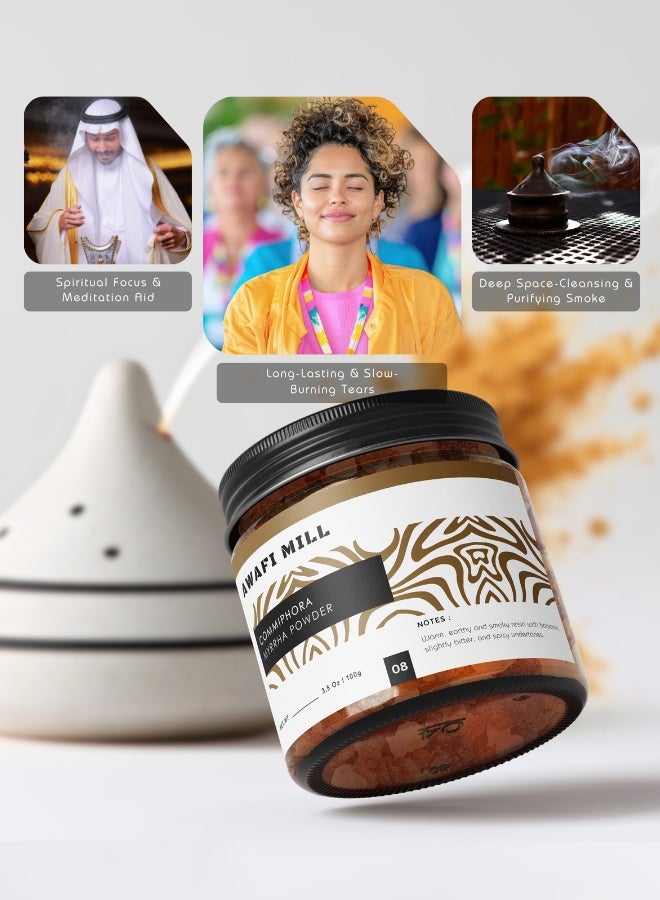 أباميك مسحوق مر كوميفورا من أوافي ميل (راتنج مطحون للبخور) | صمغ المر لمواقد الفحم والبخور، لصنع المخاريط/العصي | بلسمي دافئ، رائحة ترابية | مسحوق سائب (غير صالح للأكل) (100 غرام | 3.5 أونصة) - Image 2