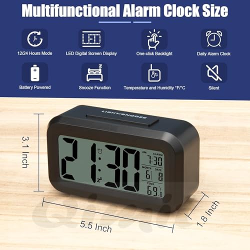 QIMIT Digital Alarm Clock Table Clock for Students, Home, Office, Corporate with Automatic Sensor, Date & Temperature (Black Rectangle Clock) - Image 2