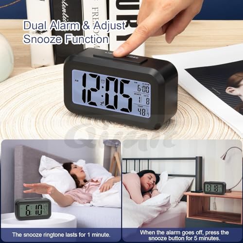 QIMIT Digital Alarm Clock Table Clock for Students, Home, Office, Corporate with Automatic Sensor, Date & Temperature (Black Rectangle Clock) - Image 3