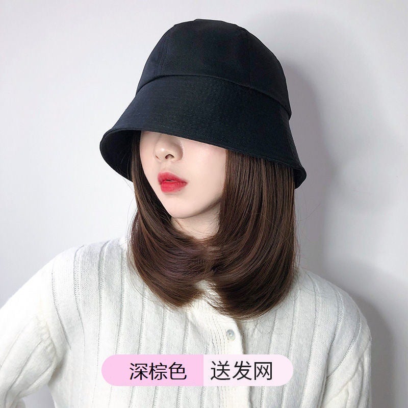 Generic Japanese Fisherman Hat Wig Cap Long Straight Hair Dark brown
