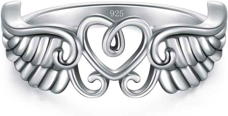 BORUO 925 Sterling Silver Ring High Polish Heart Angel Wings Ring 4-12 - Image 2