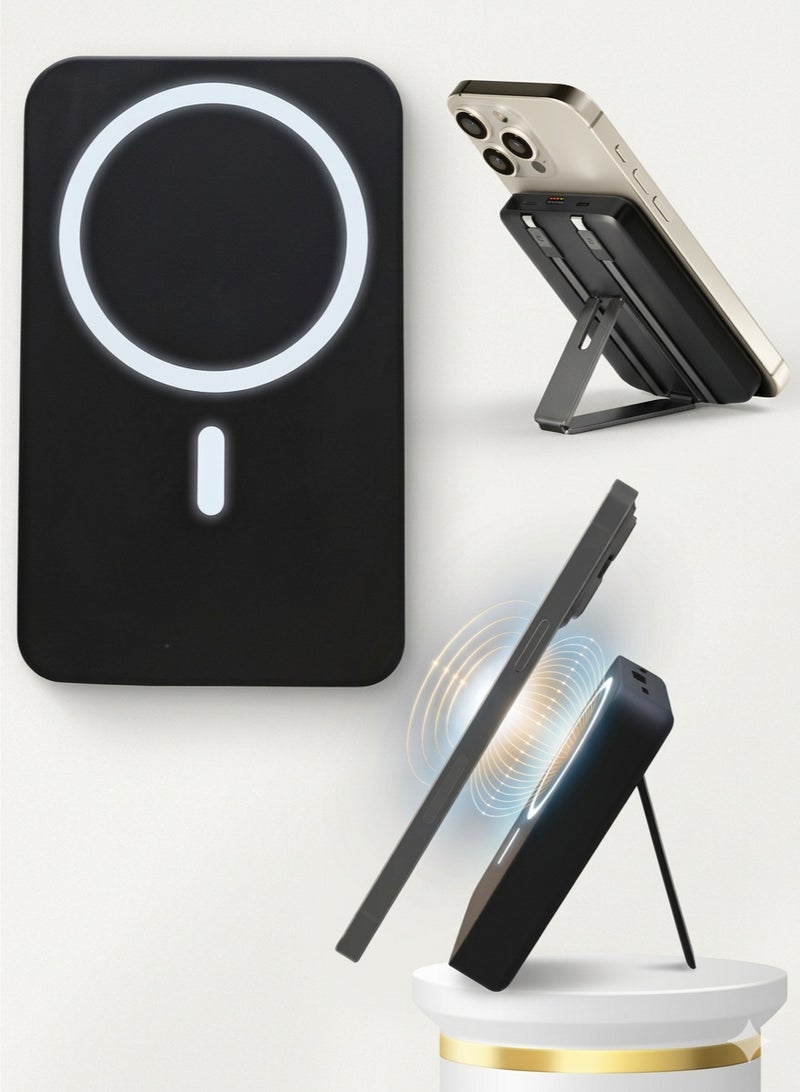 LEVINO MagSafe Power Bank 10000mAh with Foldable Stand | Dual Type-C & 1 USB Ports | Includes Type-C & Lightning Cables | LED Indicator | Fast Charging for iPhone 15/14/13/12 Series, Samsung Galaxy, Google Pixel & More | Black - Image 1