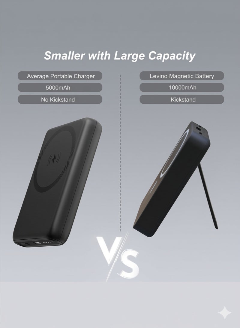 LEVINO MagSafe Power Bank 10000mAh with Foldable Stand | Dual Type-C & 1 USB Ports | Includes Type-C & Lightning Cables | LED Indicator | Fast Charging for iPhone 15/14/13/12 Series, Samsung Galaxy, Google Pixel & More | Black - Image 4