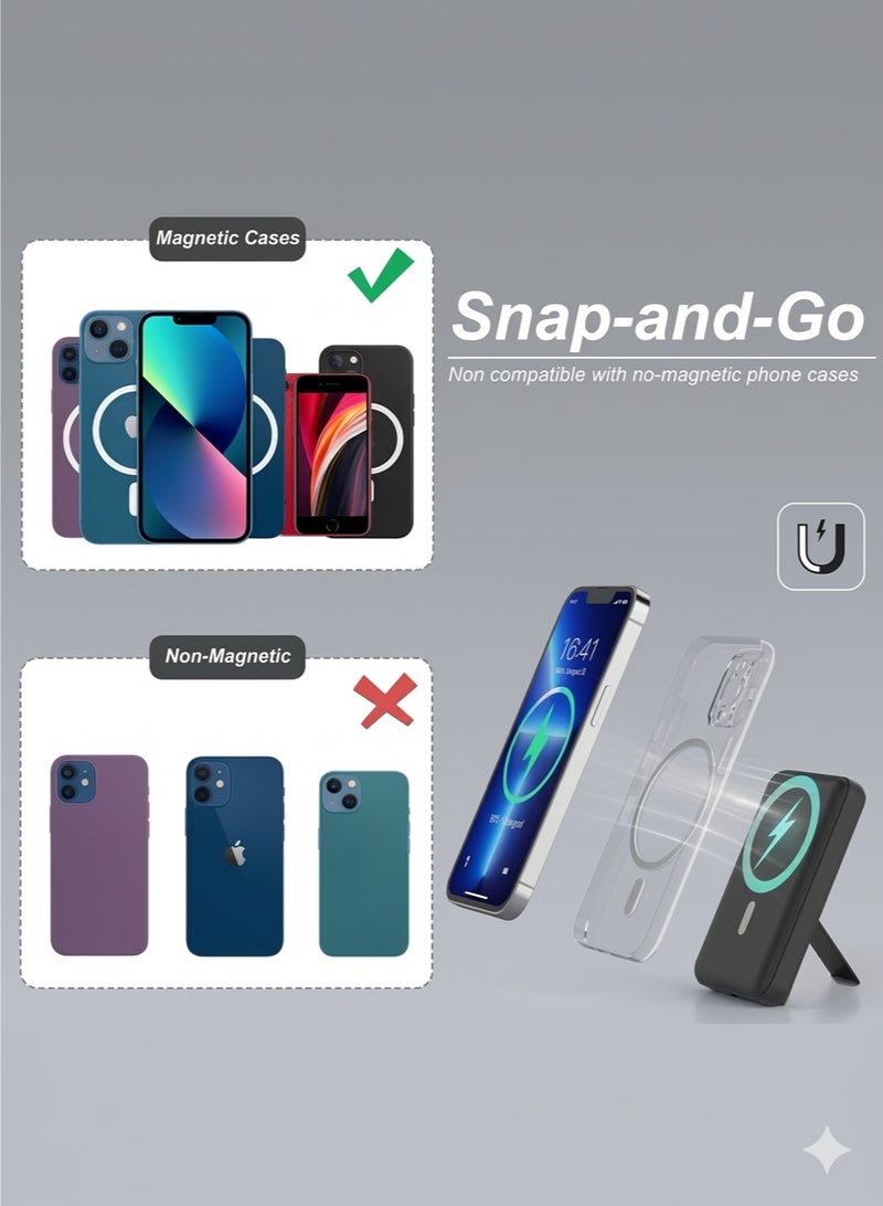 LEVINO MagSafe Power Bank 10000mAh with Foldable Stand | Dual Type-C & 1 USB Ports | Includes Type-C & Lightning Cables | LED Indicator | Fast Charging for iPhone 15/14/13/12 Series, Samsung Galaxy, Google Pixel & More | Black - Image 3