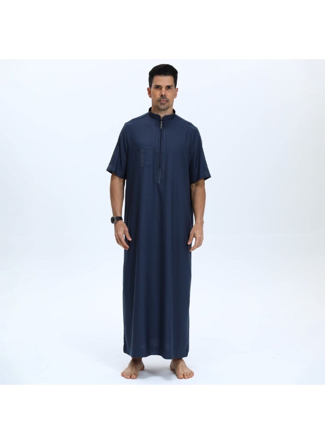 لون صلب الوقوف طوق الرجال رداء قصيرة الأكمام - Image 1