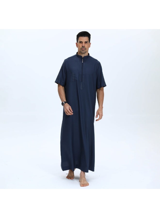 لون صلب الوقوف طوق الرجال رداء قصيرة الأكمام - Image 2