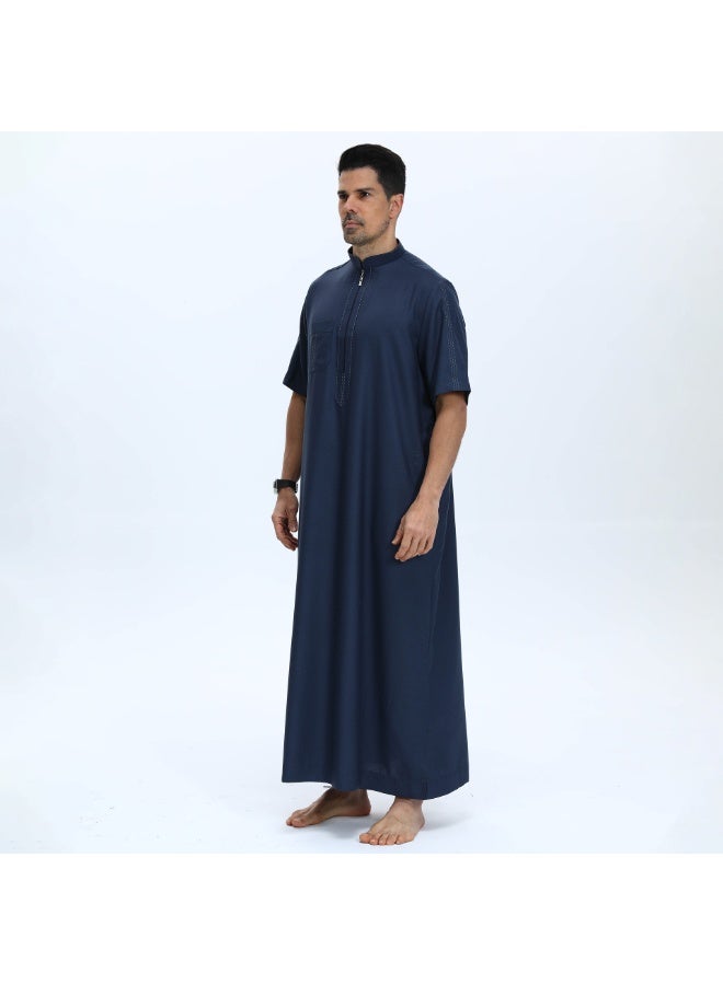 لون صلب الوقوف طوق الرجال رداء قصيرة الأكمام - Image 4