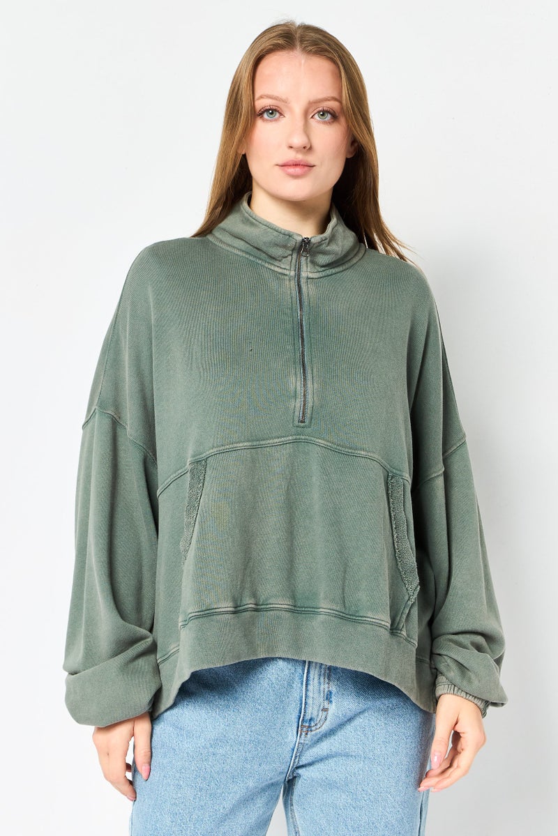 Aerie Women Mock Neck Plain Long Sleeves Sweatshirt, Green - Image 1
