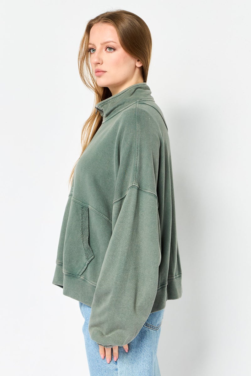 Aerie Women Mock Neck Plain Long Sleeves Sweatshirt, Green - Image 3