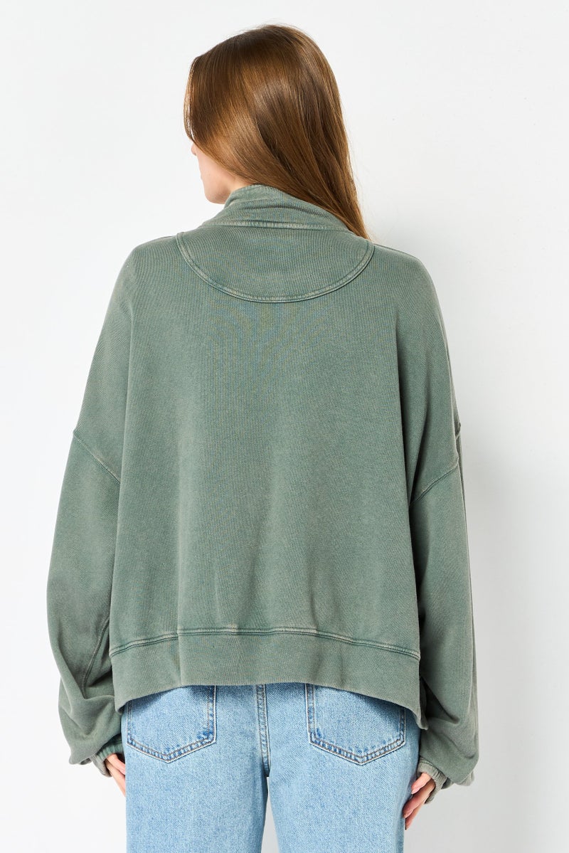 Aerie Women Mock Neck Plain Long Sleeves Sweatshirt, Green - Image 4