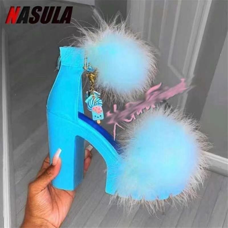 In stock independent station new women''s shoes 2023 and chunky heel furry plus size buckle high heel fashion sandals - Image 3