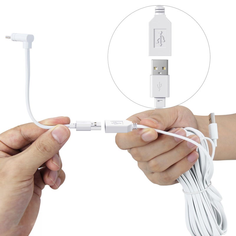 weishan 2-Pack 30ft Power Extension Cable Compatible with Wyze Cam v4,Wyze Cam Pan v3,Wyze OG,Wyze Cam v3 and v3 Pro Security Cameras - 9m Long Flat USB Male to Female Charging Cord, White - Image 4