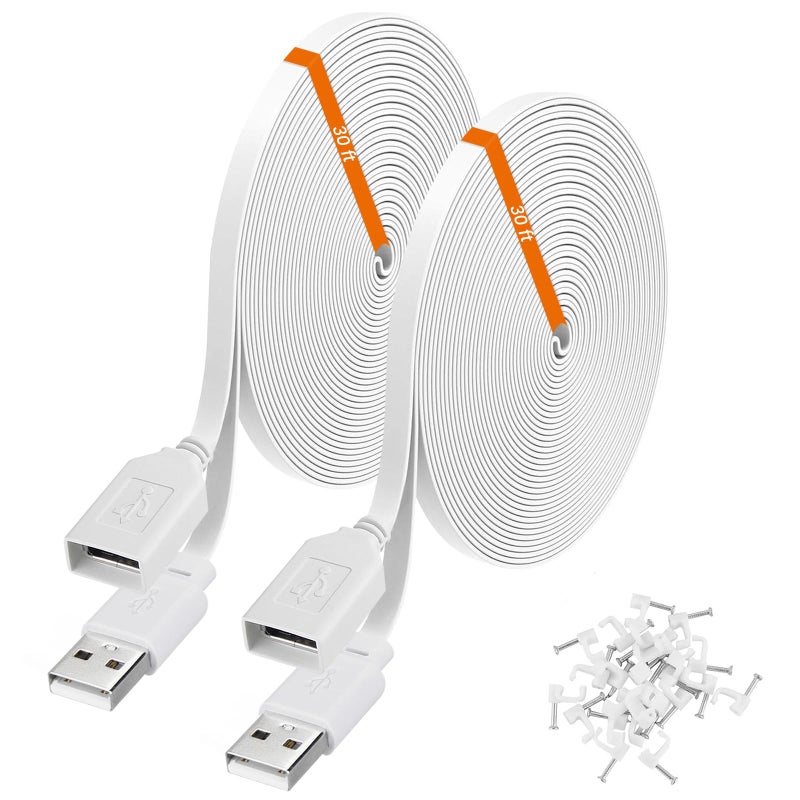 weishan 2-Pack 30ft Power Extension Cable Compatible with Wyze Cam v4,Wyze Cam Pan v3,Wyze OG,Wyze Cam v3 and v3 Pro Security Cameras - 9m Long Flat USB Male to Female Charging Cord, White - Image 1