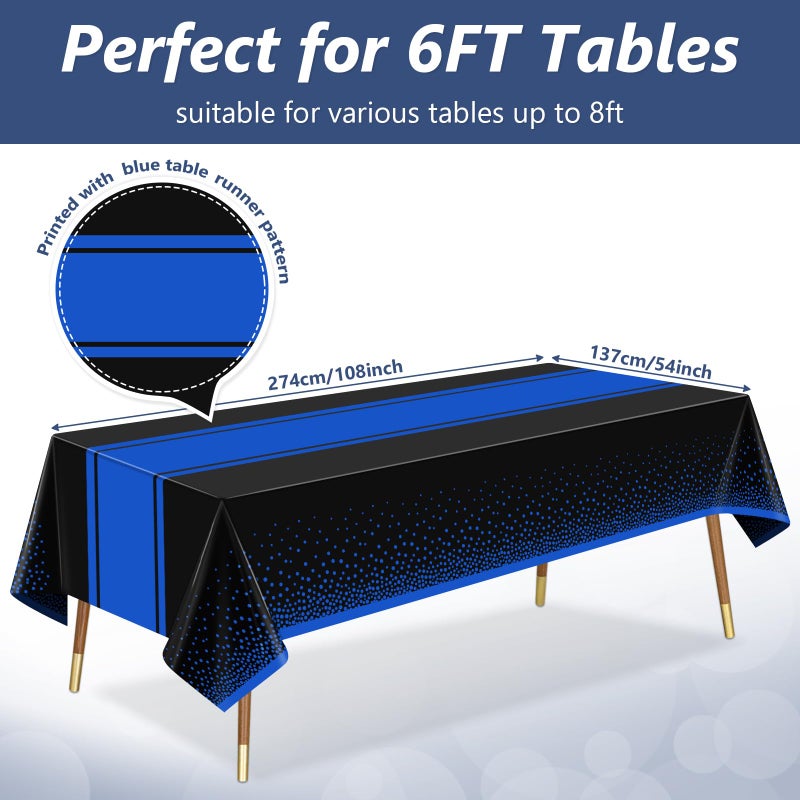 LANLISA Black and Blue Tablecloth Party Decorations 2 Pack, Disposable Plastic Table Cloths for Boss Baby Birthday Graduation Retirement Masquerade Party Decor - Image 3