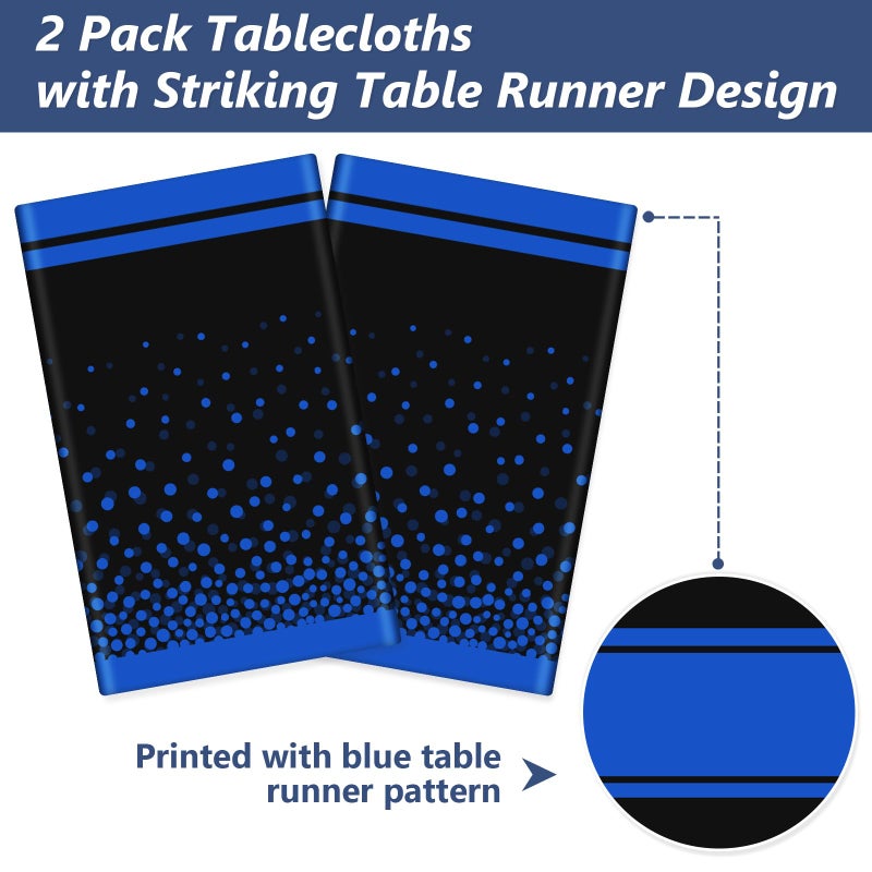 LANLISA Black and Blue Tablecloth Party Decorations 2 Pack, Disposable Plastic Table Cloths for Boss Baby Birthday Graduation Retirement Masquerade Party Decor - Image 4