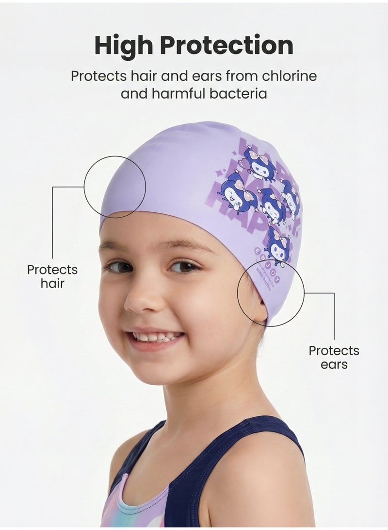 هايست قبعة سباحة كورومي بنفسجية للبنات - قبعة سباحة سيليكون مقاومة للماء للأطفال 3-12 سنة - تصميم كرتوني لطيف ومريحة - Image 3