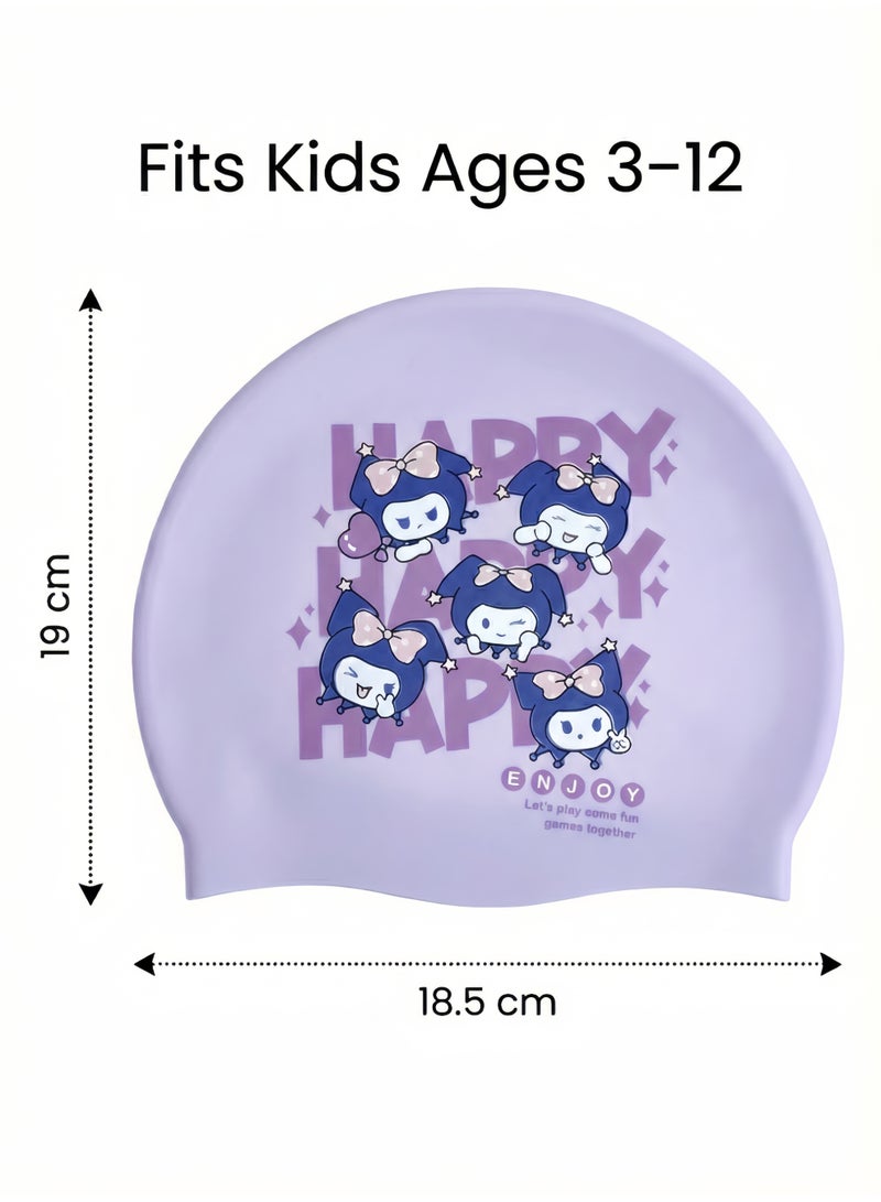 هايست قبعة سباحة كورومي بنفسجية للبنات - قبعة سباحة سيليكون مقاومة للماء للأطفال 3-12 سنة - تصميم كرتوني لطيف ومريحة - Image 4