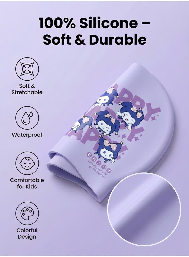 هايست قبعة سباحة كورومي بنفسجية للبنات - قبعة سباحة سيليكون مقاومة للماء للأطفال 3-12 سنة - تصميم كرتوني لطيف ومريحة - Image 2