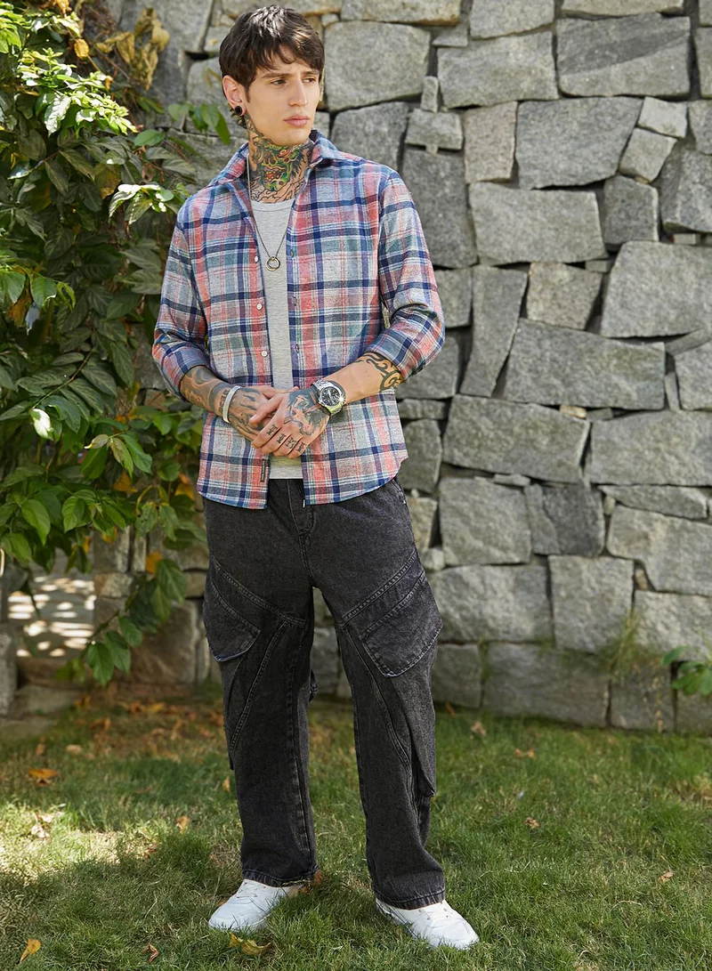 Campus Sutra Men's Icy Blue & Brick Red Ribbed-Plaid Relaxed Shirt